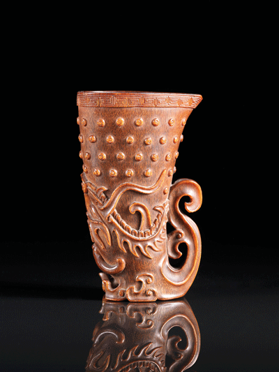 rare rhyton-form “dragon” rhinoceros horn libation cup from the 17th to 18th century