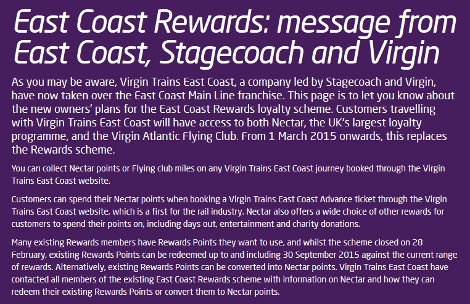 Virgin East Coast Rewards message