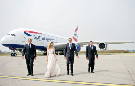 BA A380: Georgia May Jagger and rugby players Chris Robshaw, Jean de Villiers and Bryan Habana