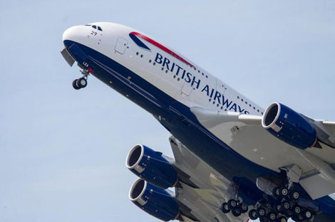 BA A380 takes off