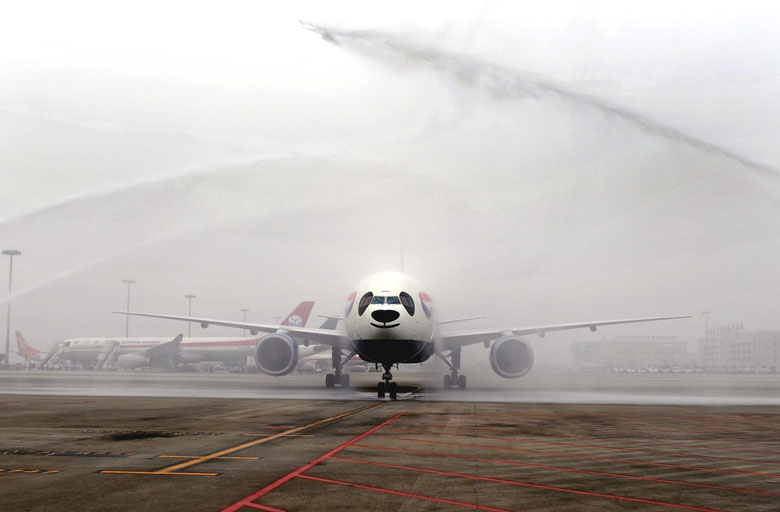 BA inaugural Chengdu flight is greeted by a water cannon