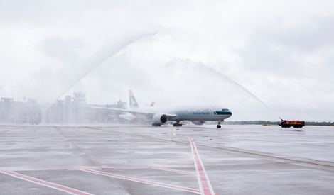 A traditional water cannon salute welcomes Cathay\\'s inaugural flight to Dusseldorf