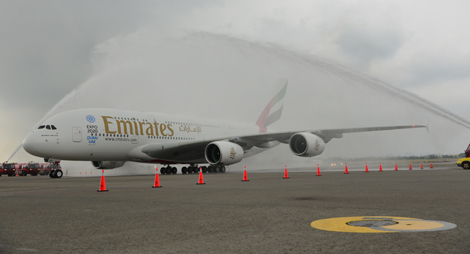 Water cannon salute: Emirates\\\\\\' A380 arrives in Taipei earlier today
