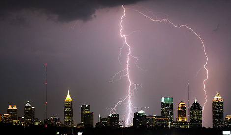 Lightning bolts hitting Atlanta skyscrapers. Copyright David Selby