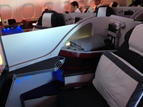 Qatar Airways A380 business class upper deck middle seats with divider raised