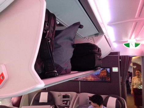 Qatar Airways A380 business class upper deck overhead lockers