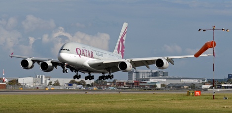 Qatar Airways A380 lands at LHR