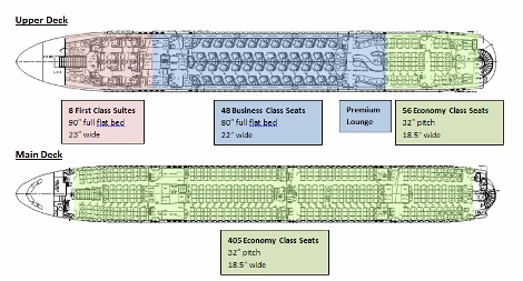 Qatar Airways A380 seat map main deck and upper deck