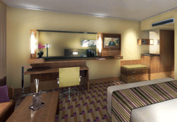 Computer-generated image of a guest room at the Sofitel Heathrow