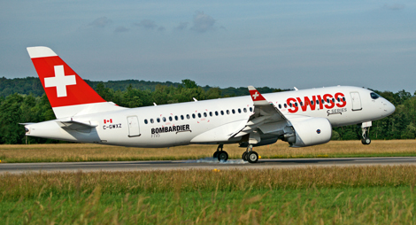 Swiss Bombardier CS100 taking off